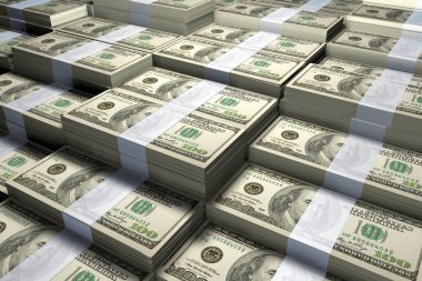 100 dolarlık banknotların 3D çizimi.