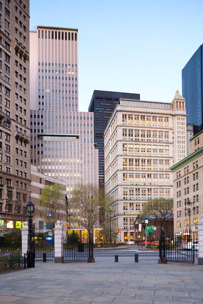 Downtown buildings from City Hall Park, Tribeca, Manhattan, New York City, United States