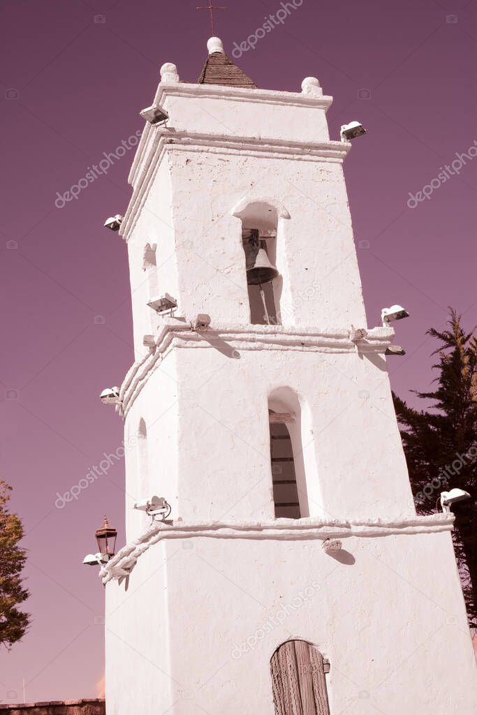 San Lucas church tower built in 1740 in the main square of the village named Toconao in an oasis at the Salar de Atacama, Atacama desert, Antofagasta Region, Chile.