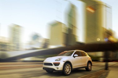 Ufuk çizgisinin önünde hızla giden bir SUV 'nin 3D görüntüsü.