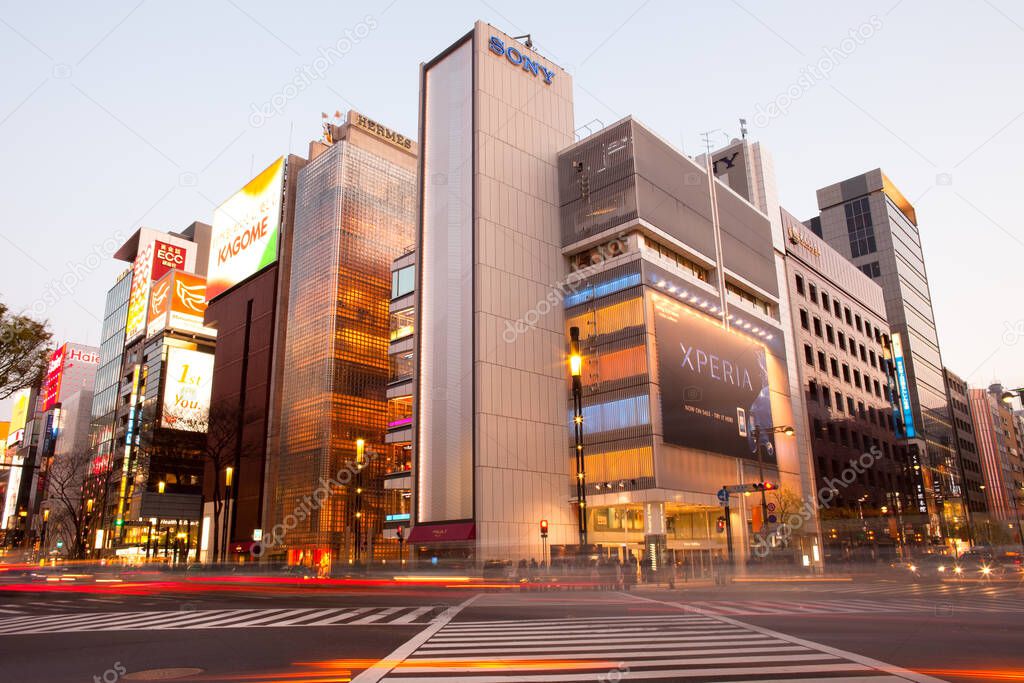 Ginza, Tokyo, Kanto Region, Honshu, Japan, Asia - High end stores at Sukiyabashi crossing in Ginza neighborhood.