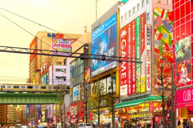 Akihabara Elektrik Kenti, Tokyo, Kanto Bölgesi, Honshu, Japonya - Akihabara Elektrik Kasabası 'nın hareketli mahallesindeki video oyunu mağazalarında reklam panoları.
