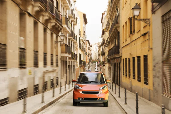 3D rendering of a small city car in an alley in Madrid, Spain