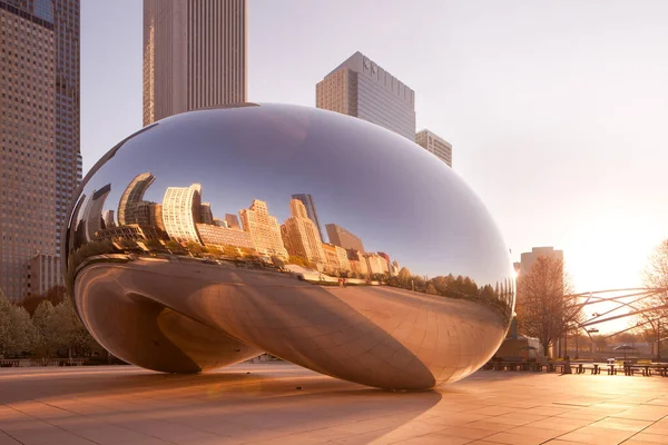 Chicago, Illinois, ABD - Millennium Park ve şehir silueti, sanatçı Anish Kapoor tarafından yaratılan ünlü heykel olan Cloud Gate 'e yansıdı.