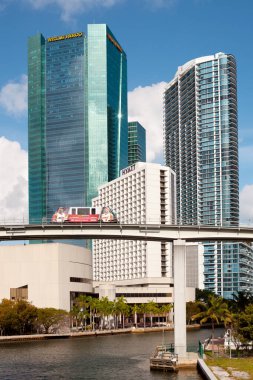 Şehir merkezi, Miami, Florida, Amerika Birleşik Devletleri - Miami Nehri üzerinde Metromover.