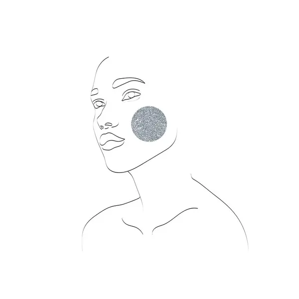 Trendy linear hand drawn illustration of woman with silver cheeks with glitter effect.