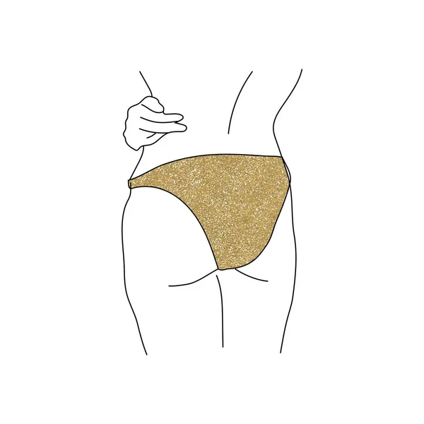 Hand drawn linear illustration of female figure in golden lingerie with glitter effect