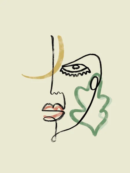 Drawing of abstract linear face of man or woman on creative background with contemporary shapes. Cubism contemporary face. Modern art. Design for poster, home decor.