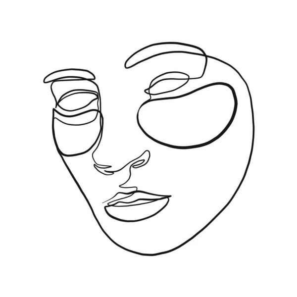 Skin care. Woman with beauty face. Healthy facial skin. Beautiful girl model with patches under eyes. Cosmetic mask. One line continuous drawing. Logo beauty salon, cosmetic product minimal design.