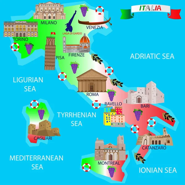 Mappa Dell Italia Turisti Monumenti Architettonici — Vettoriale Stock