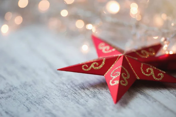 Estrela Natal Fundo Madeira Branco Com Luzes — Fotografia de Stock