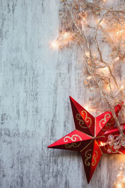 Estrela Natal Fundo Madeira Branco Com Luzes — Fotografia de Stock