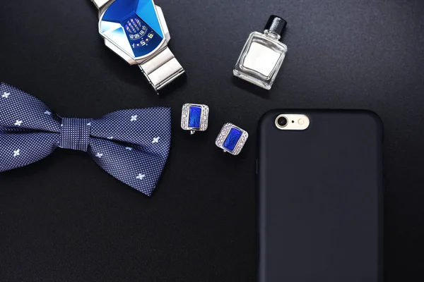 luxury blue fashion men\'s cufflinks. accessories for tuxedo, butterfly, tie, handkerchief, style watch and smartphone