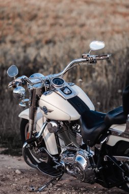Rivne, Ukrayna - 09 Aralık 2019: Harley-Davidson Fat Boy motosiklet detayı. Motosiklet motoru egzoz boruları.