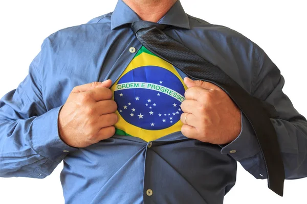 Hombre Negocios Sacando Camiseta Abierta Mostrando Bandera Nacional Brasil Fondo — Foto de Stock