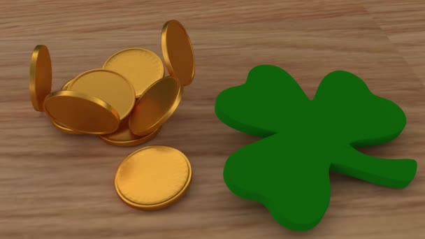 Animación Monedas Oro Cayendo Sobre Mesa Madera Cerca Trébol Celebración — Vídeos de Stock