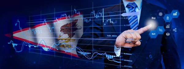 Businessman touching data analytics process system with KPI financial charts, dashboard of stock and marketing on virtual interface. With American Samoa flag in background.