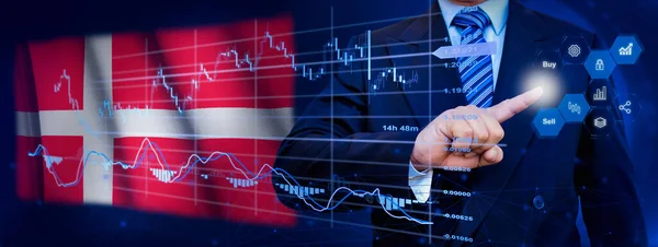 Businessman touching data analytics process system with KPI financial charts, dashboard of stock and marketing on virtual interface. With Denmark flag in background.