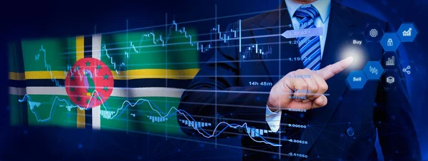 Businessman touching data analytics process system with KPI financial charts, dashboard of stock and marketing on virtual interface. With Dominica flag in background.