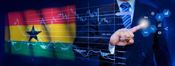 Businessman touching data analytics process system with KPI financial charts, dashboard of stock and marketing on virtual interface. With Ghana flag in background.