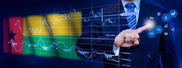Businessman touching data analytics process system with KPI financial charts, dashboard of stock and marketing on virtual interface. With Guinea Bissau flag in background.