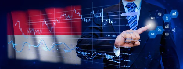 Businessman touching data analytics process system with KPI financial charts, dashboard of stock and marketing on virtual interface. With Monaco flag in background.
