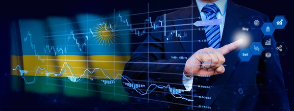 Businessman touching data analytics process system with KPI financial charts, dashboard of stock and marketing on virtual interface. With Rwanda flag in background.