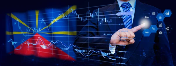Businessman touching data analytics process system with KPI financial charts, dashboard of stock and marketing on virtual interface. With Reunion flag in background.