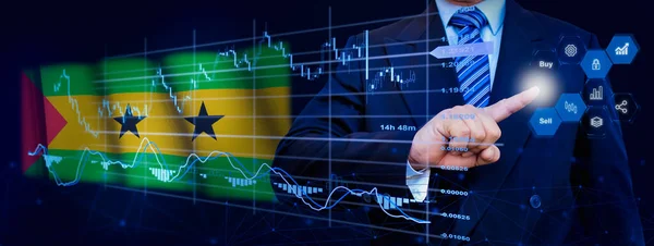 Businessman touching data analytics process system with KPI financial charts, dashboard of stock and marketing on virtual interface. With Sao Tome and Principe flag in background.