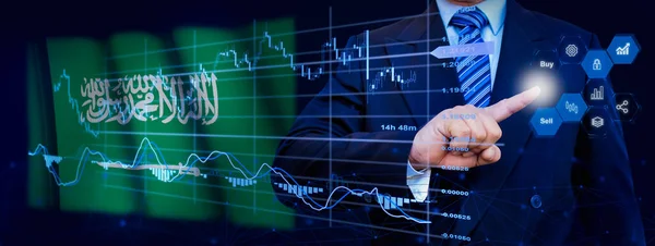 Businessman touching data analytics process system with KPI financial charts, dashboard of stock and marketing on virtual interface. With Saudi Arabia flag in background.