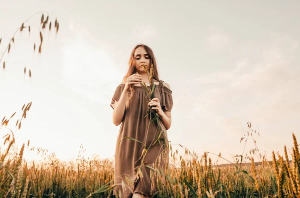 Mujer en el campo de trigo — Foto de Stock