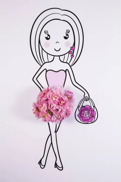 Çiçek Etek Çizgi Film Beyaz Izole Elbiseli Kız — Stok fotoğraf