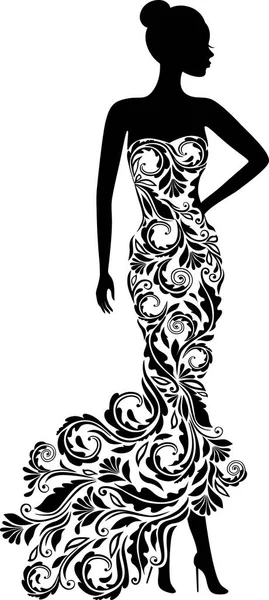 Silueta Vectorial Mujer Joven Elegante Vestido Novia Con Adorno Floral — Vector de stock