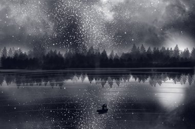 Yıldızlı gökyüzü, orman ve nehir. Dijital sanat