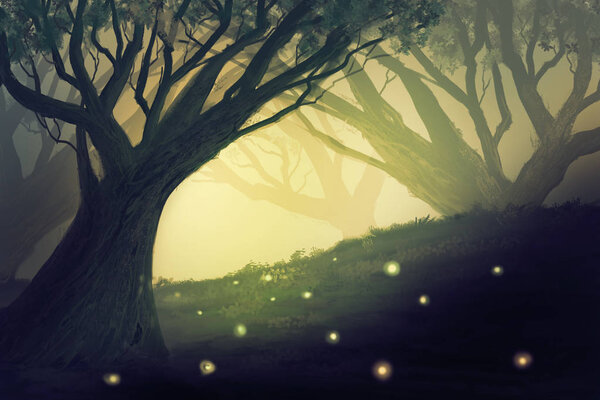 Magical forest with fireflies. Digital painting
