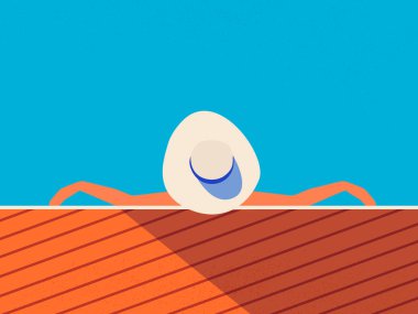 Vektör bir şapka romantik bir kız, kumlu bir plajda oturan ve denize bakarak. Yaz arka planı