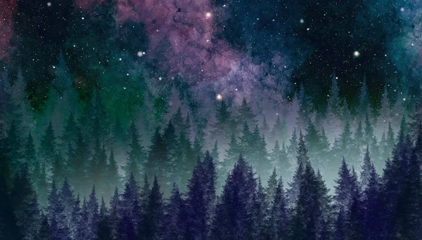 Abstract galaxy painting.. Night sky with forest. Watercolor texture for cards or creative banner design.