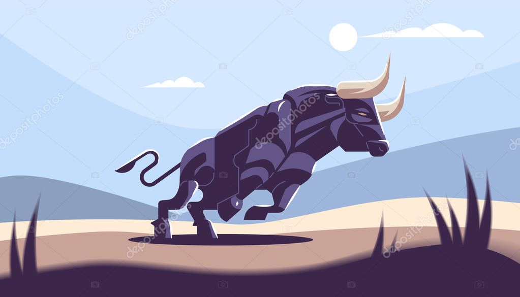 Bull in nature. Field, wild nature. Vector illustration.