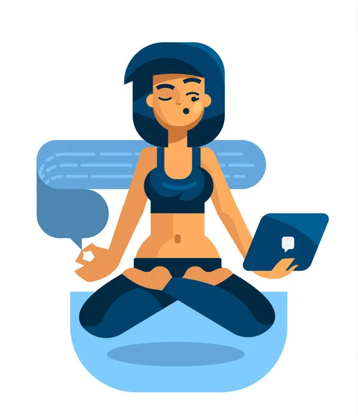 Bir kadın bir tablet ile yoga yapan ve iletileri okur — Stok Vektör