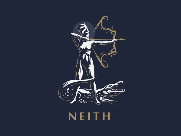 Egyiptomi istennő Neith. Íjász. Krokodil. — Stock Vector