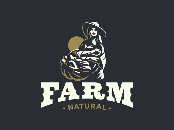 Mulher agricultora com cesta de legumes e frutas . — Vetor de Stock