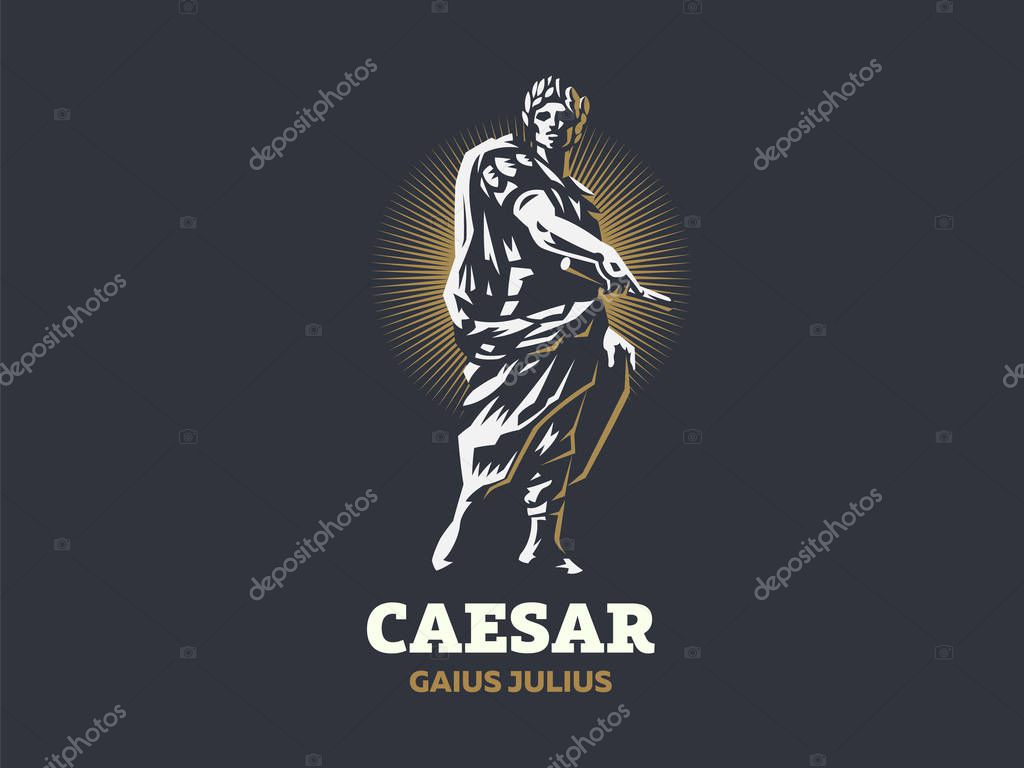 Caesar in a laurel wreath with a scroll in his hand. Vector emblem.