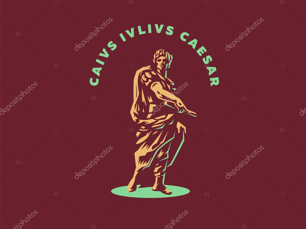 Caesar in a laurel wreath with a scroll in his hand. Vector emblem.
