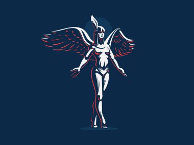 Bir melek kız sessizce yaymak silahlarla adımlar ve kanatlar. 