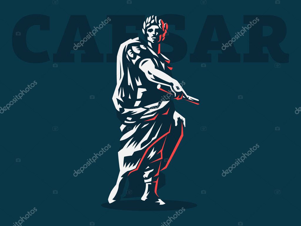 Caesar in a laurel wreath with a scroll in his hand. Vector emblem.