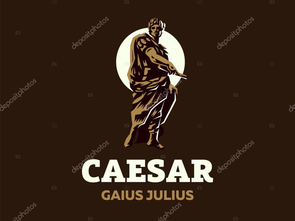 Caesar in a laurel wreath with a scroll in his hand. Vector emblem.