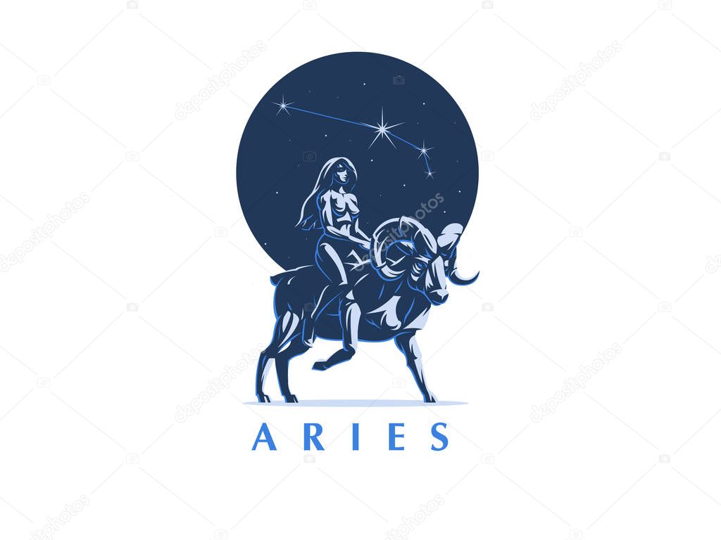 Sign of the zodiac Aries. The girl rides on Ram.