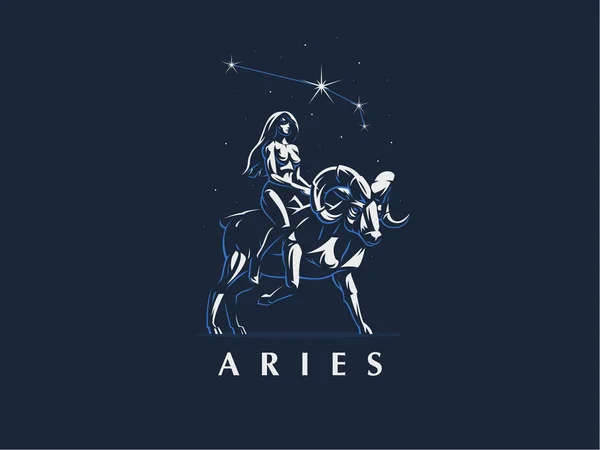 Signo del zodiaco Aries. La chica monta en Ram. emblema del vector . — Vector de stock
