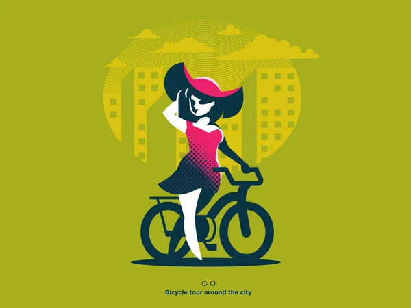 A girl in a hat walks next to a bicycle. Vector illustration — Stock Vector