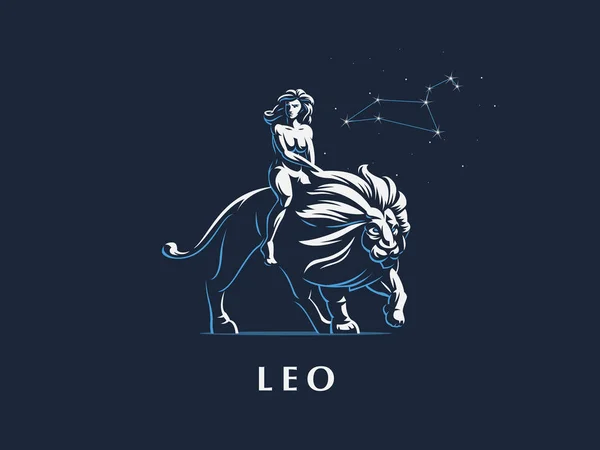 Signe du zodiaque Leo. Une femme monte un lion . — Image vectorielle